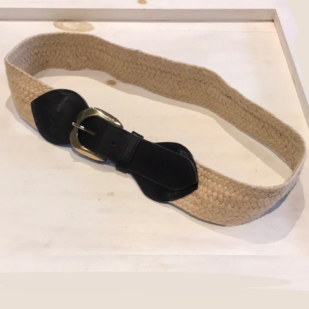 Vintage Braided Raffia Belt Brown Leather & Jute Wide Boho Statement Canvas